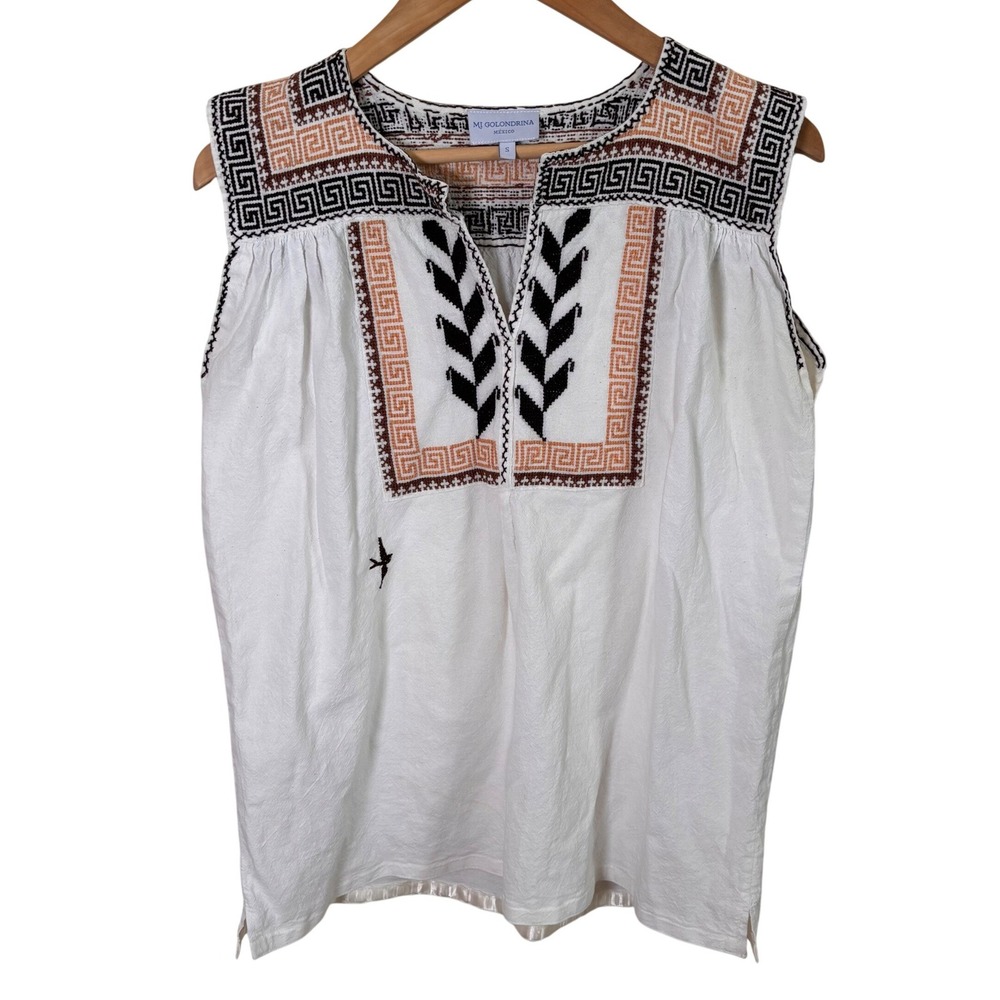 Mi Golondrina Womens Blouse Sz S Embroidered Cream Top Shirt Flow Peasant
